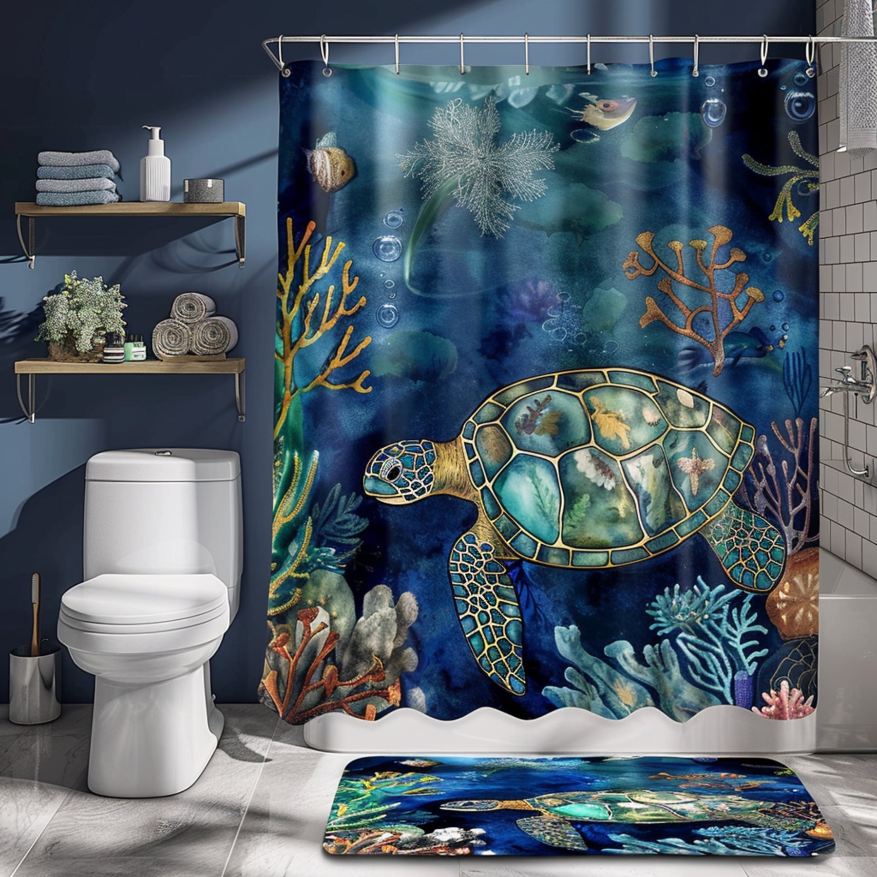 Deep Sea Turtle Bathroom Set with Underwater World Print Shower