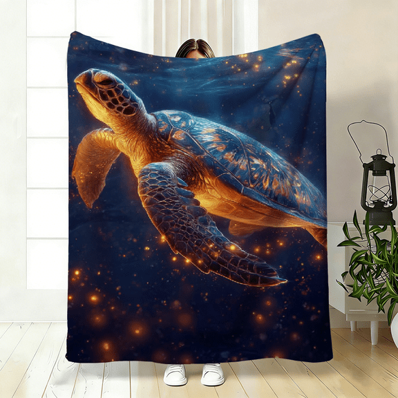 Deep Sea Turtle Firefly-Themed Polyester Flannel Blanket – Soft, Warm Throw for Bed, Sofa, Travel, Camping – 3 Sizes