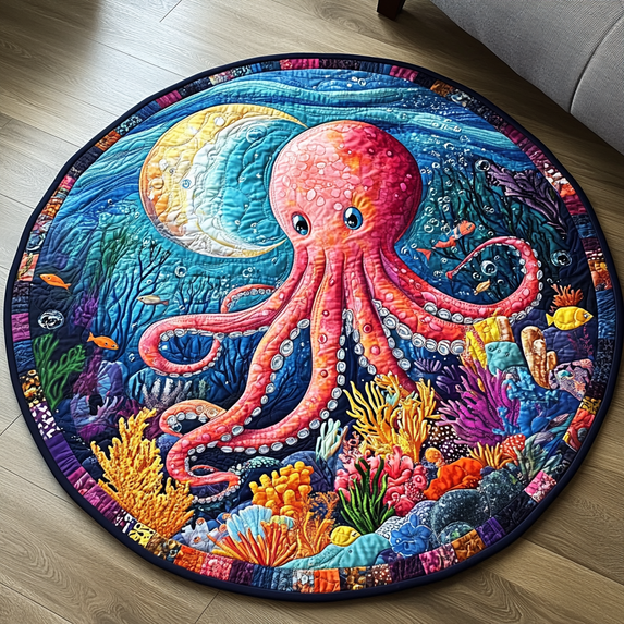Deep Sea Whispers Quilted Round Mat, Ocean Fish Round Floor Mat, Marine ...