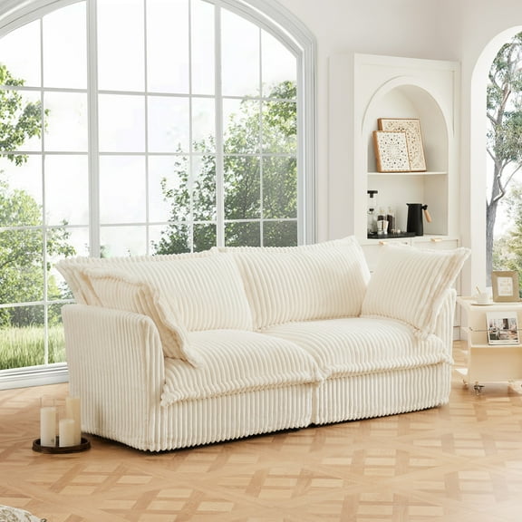 Deep Seat 2 Seater Sofa Couch, Corduroy Loveseat Sofa with Slip-cover and Pillows, Upholstered Comfy Couch with Back Cushion, Mid Century Sleeper Sofa Chair for Living Room, Apartment, Beige