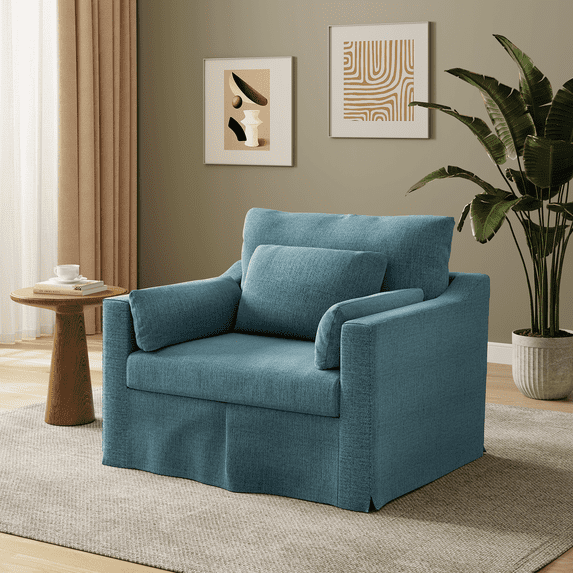 42" Modern Armchair, Coastal Accent Chair, Deep Seat Slicovered Chair, Chenille Fabric, Blue