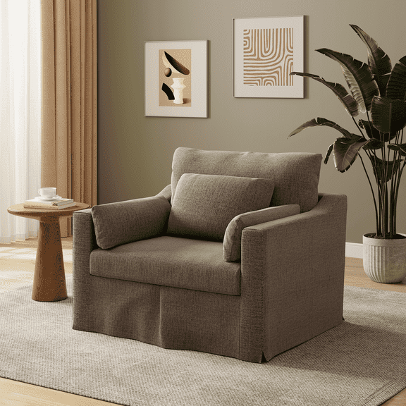 42" Modern Armchair, Coastal Accent Chair, Deep Seat Slicovered Chair, Chenille Fabric, Brown