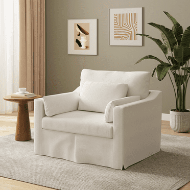 42" Modern Armchair, Coastal Accent Chair, Deep Seat Slicovered Chair, Chenille Fabric, White