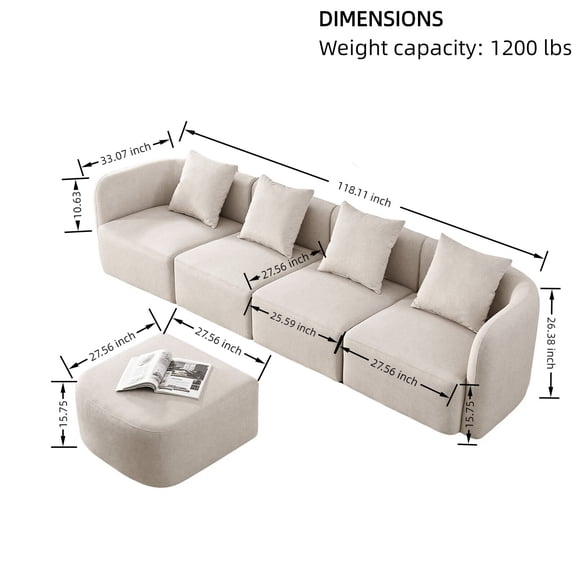 Deep Seat L Shaped Couch for Living Room, 118 Modular Sectional Sofa with Ottoman, Beige Velvet Upholstered Sofa Set Solid Wood Frame