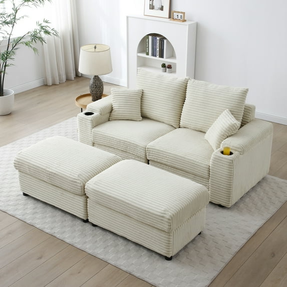 Deep Seat Loveseat with 2 Ottomans and 2 Pillows, Modern Modular 2-Seat Sofa Couch with Deep Seat and Wide Arms for Living Room Bedroom Apartment, Cream