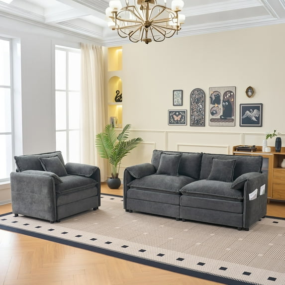 Deep Seat Luxury 2 Piece Loveseat Couch & Sofa Armchair Set, Modern Upholstered Chenille Cloud Couches Set Furniture with 3 Pillow for Living Room Bedroom Office Apartment,DIY Combination (Gray)