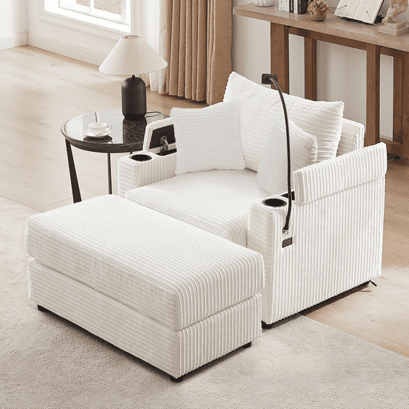 LUCKHAO Deep Seat Modular Sectional Sofa ,Corduroy Upholstered Oversized Sofa Convertible Sleeper Sofabed ,Storage Space, 2 Movable Ottomans, 2 USB Ports, 2 Cup Holders, Phone Holder