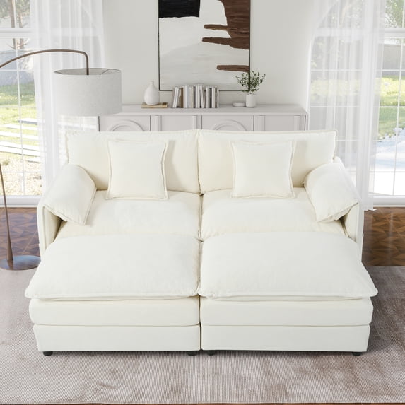 Deep Seat Sectional Cloud Sofa with 2 Ottomans & Soft Pillows, Loveseat Modular Couch for Living Room, Apartment, DIY Combination, Beige
