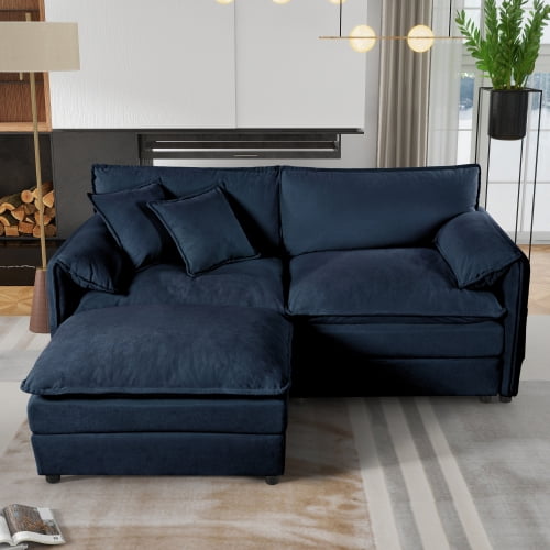 Deep Seat Sectional Sofa Cloud Couch with Ottoman, Modern Chenille Comfy Love Seat Upholstered Modular L Shaped Couch for Living Room, Apartment, Office,DIY Combination,Blue
