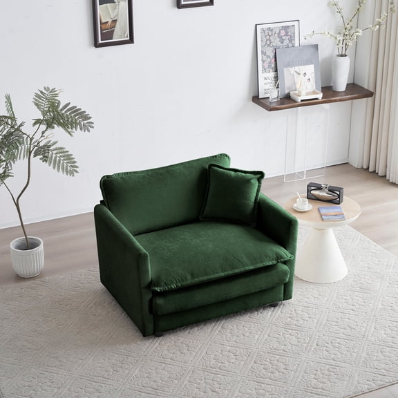Deep Seat Single Sofa Chair with Toss Pillow - Upholstered in Green Chenille Fabric, Solid Wood Frame & High-Density Sponge for Living Room, Reading Nook Or Office