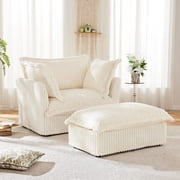 Deep Seat Sleeper Sofa Chair, Modern Sofa Armchair with Back Cushion and Pillows, Corduroy Comfy Single Sofa with Slip-cover and Ottoman, Upholstered Cozy Couch for Living Room, Apartment, Beige