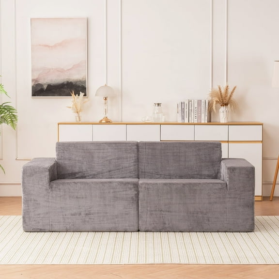 ENYLAY 83.5" Compressed Floor Couch Memory Foam Sofa No Assembly Modular Sectional Deep Seating Wide Arms Plush Fabric for Living Room, Gray