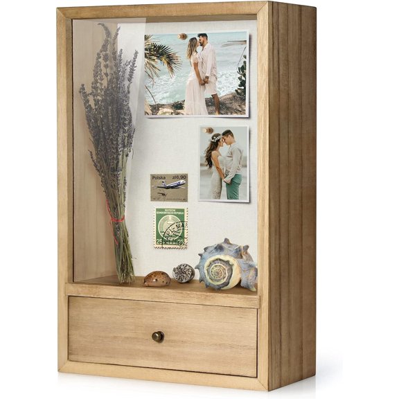 Deep Shadow Box Frame with Drawer, Shadowbox Display Case with Glass Window Picture Frame Memorabilia Bouquet Medals Military Photos Memory Box for Keepsakes