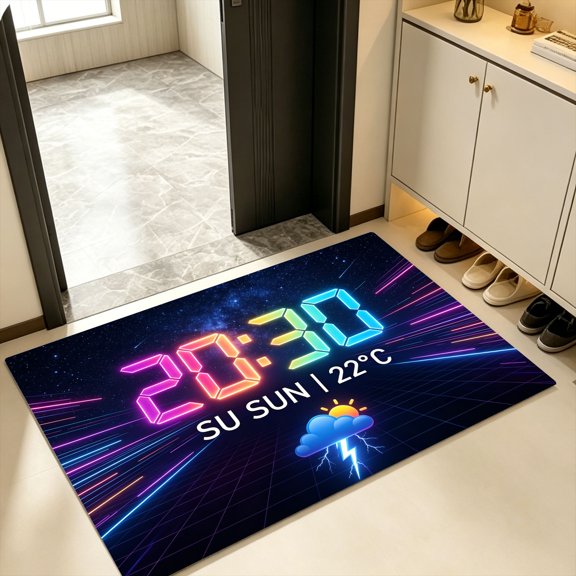 Deep Space Nebula Rainbow Line Perspective Grid Digital Clock Doormat, Indoor Kitchen Patio Rug, Halloween Futuristic Cyber Grid Weather Temp Date Entry Carpet Gift for Game Fans