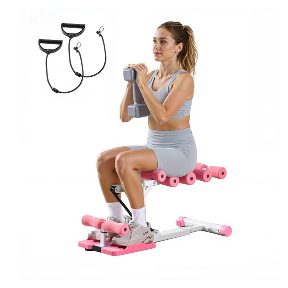 Deep Squat Machine, Adjustable Glutes Trainer Machine with 3 High-Strength Resistance Bands, Folding Core Leg & Glutes Exercise Trainer, Push Up Workout Equipment at Home Gym, Pink + White