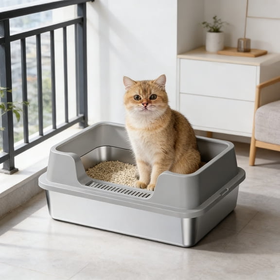 Deep Stainless Steel Cat Litter Box Semi Enclosed High Side Kitty Litter Pan With Odor Control Non Slip Base For Indoor Cats And Kittens