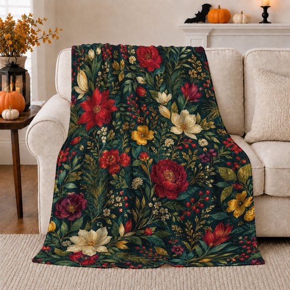 Deep Teal Floral Garden with Red Blossoms, Cream Flowers and Berry Stems, Soft Flannel Blanket, Home Decor for Botanical Fans, Bedroom and Living Room, Housewarming Gift, Vintage Floral Art