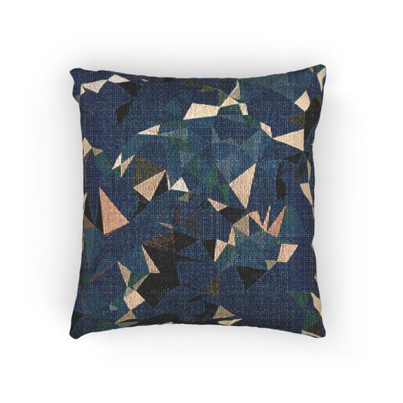 Deep Teal, Navy, Tan and Cream Geometric Polygon Woven Pillow, Cotton-Polyester Shell, Double-Sided