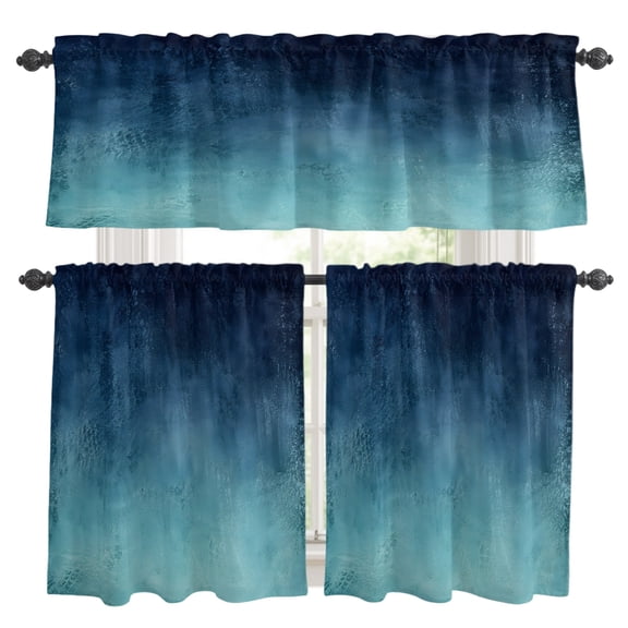 Deep Teal Ombre Kitchen Curtains Valances 3 Piece Set, Vintage Ocean Blue Black Rustic Boho Shabby Chic Rod Pocket Tier Curtain and Valance Drapes for Small Window 36 Inch Length for Bedroom Cafe