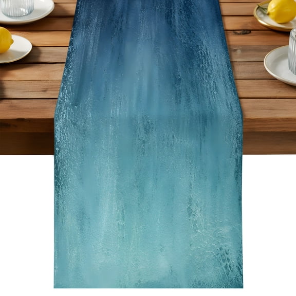 Deep Teal Ombre Table Runner, Vintage Ocean Blue Black Rustic Boho Shabby Chic Cotton Linen Kitchen Dining Table Runner Home Decor for Party Festival Holiday Decoration Gift 13x36in