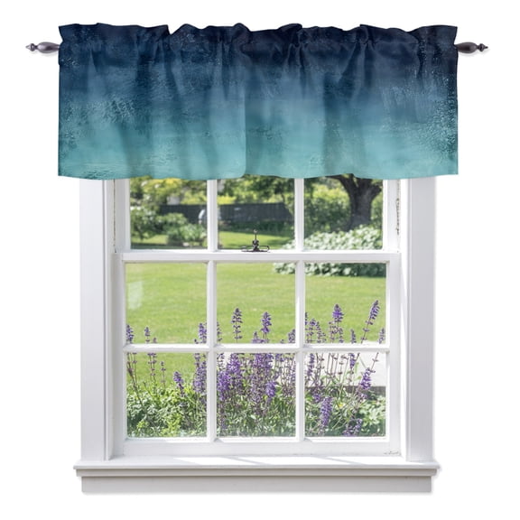 Deep Teal Ombre Valance Curtain 1 Panel, Vintage Ocean Blue Black Rustic Boho Shabby Chic Kitchen Valance with Rod Pocket Window Treatment Short Curtains for Bathroom Bedroom, 42 x 12 Inches