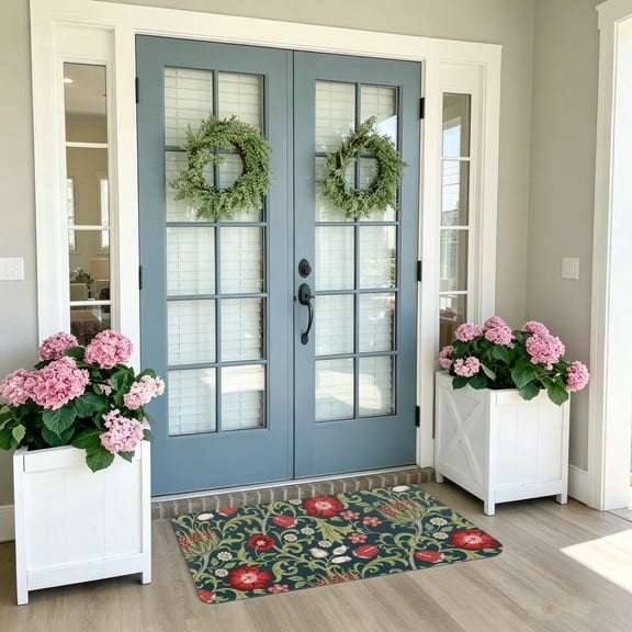 Deep Teal Red Vintage Floral Vine Entrance Floor Mat 20 x 32 in, Stain Resistant Doormat for Doorstep Porch