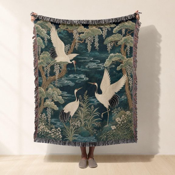 Deep Teal and Cream Three Crane, Pine Tree and Floral Woven Throw Blanket, 100% Cotton, Nature-Inspired Decor