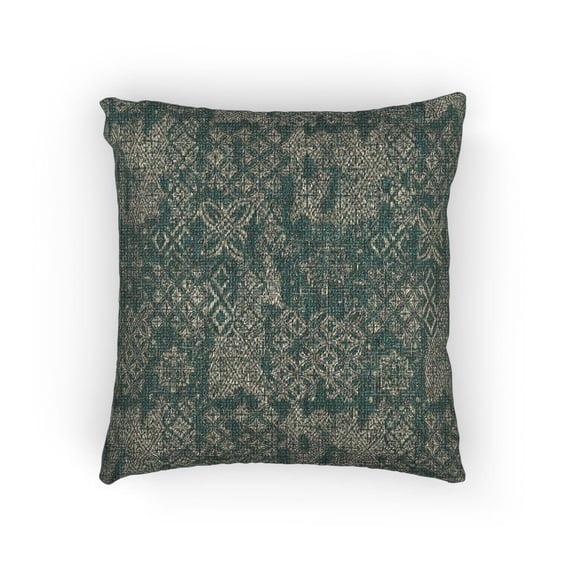 Deep Teal and Muted Gray Geometric Patchwork Decorative Woven Pillow, Cotton-Polyester Shell