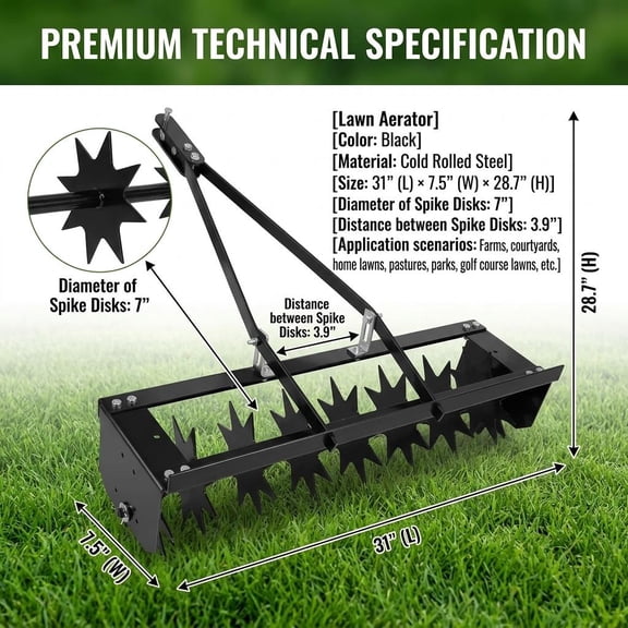 Deep Tilling Tow Aerator, Heavy Duty Spike Lawn Aerator, Solid Frame Soil Breaker for Park, Golf Course, Playground & Community Greenbelt
