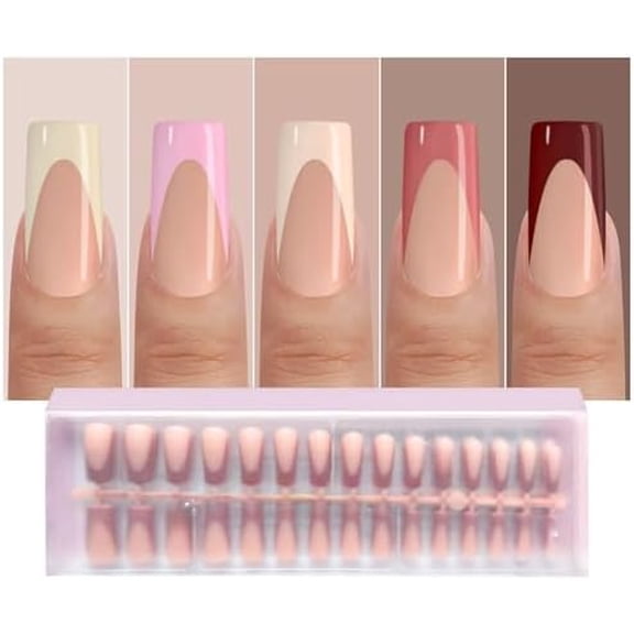 Deep Tip Press Nails,5 Colors Press Nails Long Square,No Need to File 4 in 1 Gel Tips Pre-lasting,Soak off False Tips for Women DIY Extension 15 Size