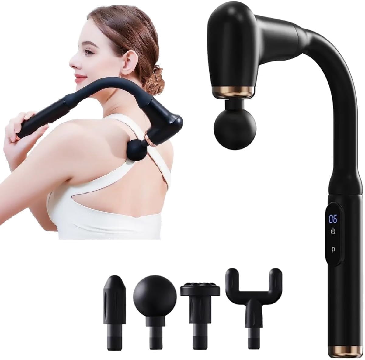 Deep Tissue Back & Muscle Massager with Long Handle – Handheld Electric Massage Gun with LCD Display, 4 Heads & Multi‑Speed Settings – Pain Relief for Neck, Shoulders, Back & Feet