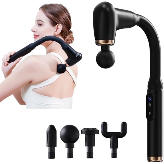 Deep Tissue Back & Muscle Massager with Long Handle – Handheld Electric Massage Gun with LCD Display, 4 Heads & Multi‑Speed Settings – Pain Relief for Neck, Shoulders, Back & Feet