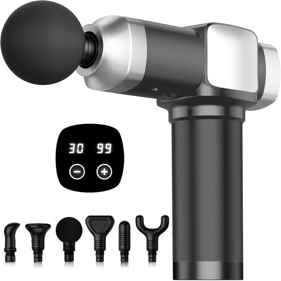 Deep Tissue Massage Gun, Handheld Percussion Muscle Massager with 30 Speed Levels and 6 Massage Heads, Black Gray