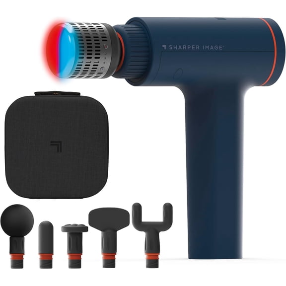 Deep Tissue Percussion Massage Gun Powerboost Versa Hot & Cold Rechargeable Handheld Massager 5 Adjustable Speeds 6 Attachment Heads & Carrying Case for Muscle Pain Relief Blue