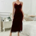 thumbnail image 1 of Deep V Backless Lace Chemise Nightgown, Velvet Trim Sexy Sleepwear for Women, 1 of 17