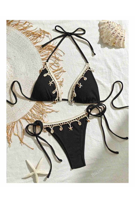 Deep V Bikini - Women's Lace-Up Shell Swimsuit - Casual Beachwear - Sexy Two Piece Bathing Suit for Vacation - Adjustable Tie Bikini Set