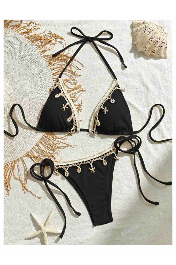 Deep V Bikini Women's Lace Up Swimsuit - Black Sexy Beachwear - Adjustable Halter Bathing Suit - Summer Vacation Swimsuits for Women