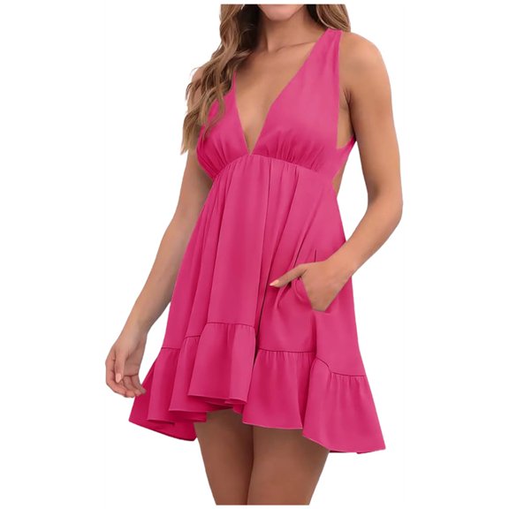 Deep V-Neck Backless Strap Solid Women Summer Ruffle Mini Dress with Pockets