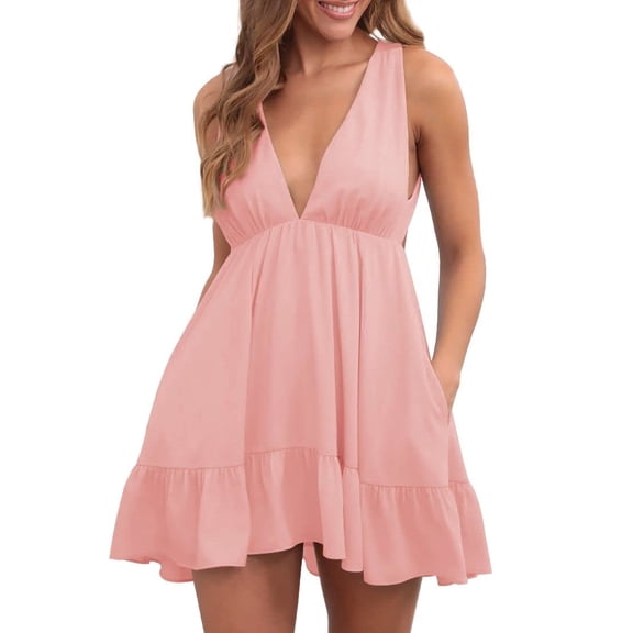 Deep V-Neck Backless Strap Solid Women Summer Ruffle Mini Dress with Pockets
