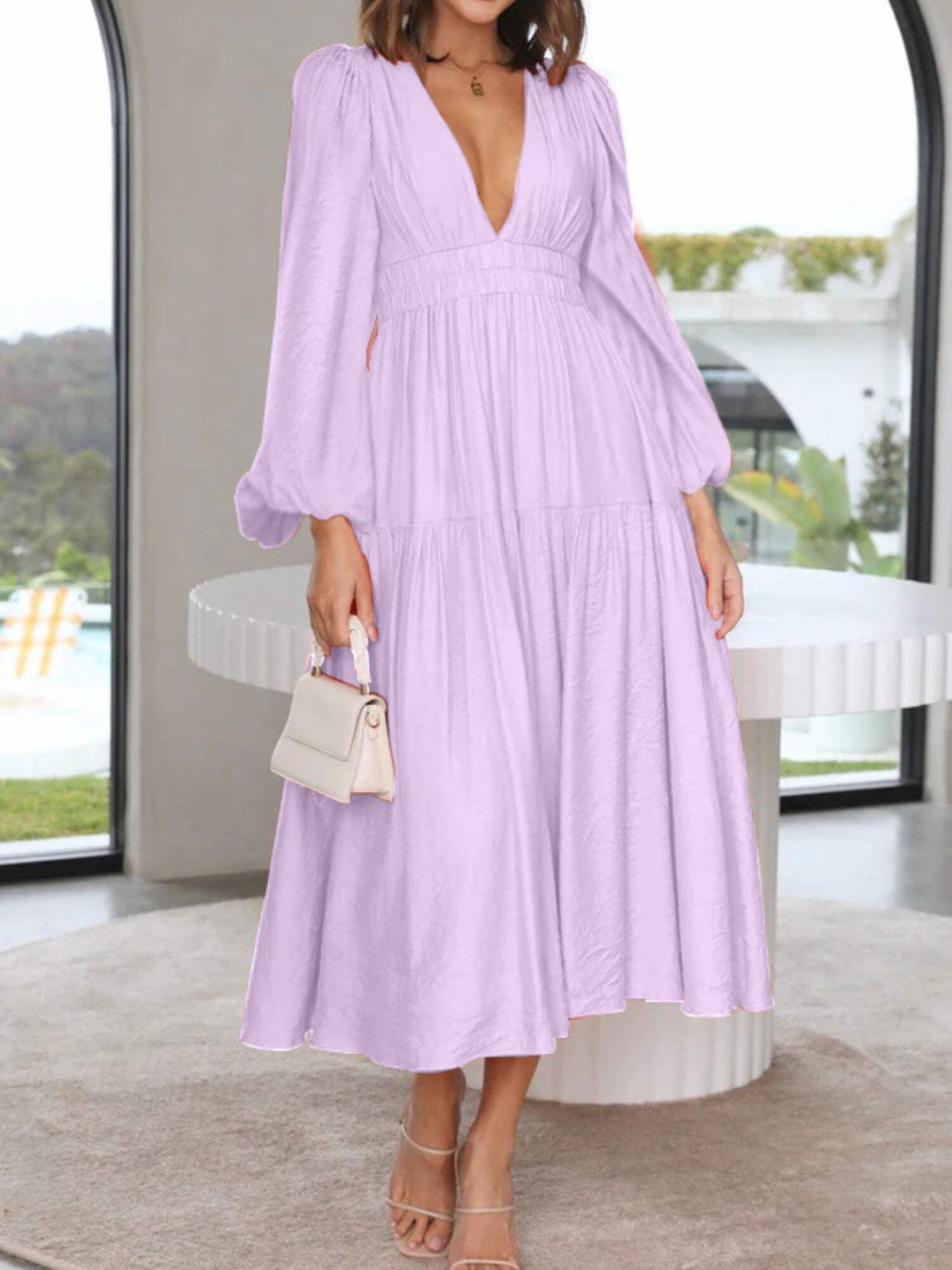 Deep V Neck Balloon Sleeves Dress