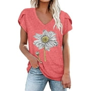 Deep V Neck Blouse Woman Short Sleeve Party Floral Cotton Cosy Casual Tops Plus Size Valentine's Day Loose Flounce Top Woman