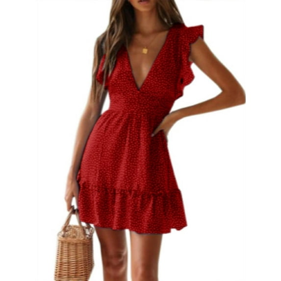 Deep V-Neck Dots Print Women Casual Flared Mini Dress