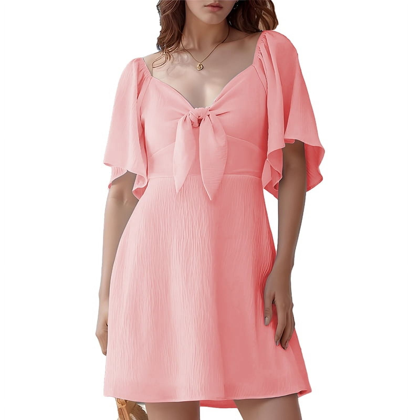 Women's Summer Dress - Deep V-Neck With Bow Tie, Short Ruffle Sleeves, Swing Mini A-Line