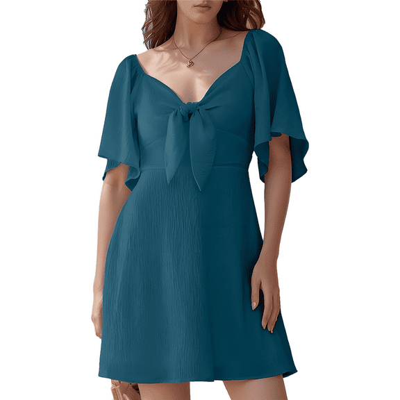 Deep V Neck Elegant Bow Tie Mini Dress Sea Blue S