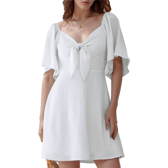 Deep V Neck Elegant Bow Tie Mini Dress White M
