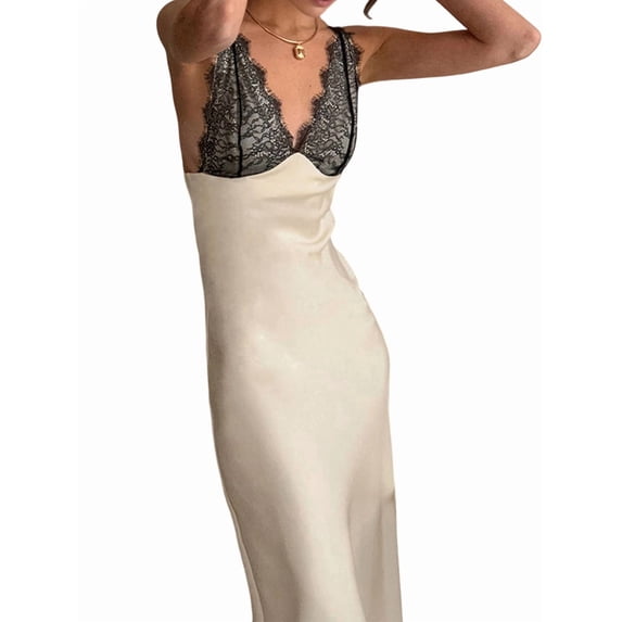 Deep V Neck Lace and Satin Maxi Dress for Elegant Evening Occasions Apricot M