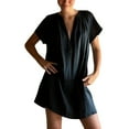 thumbnail image 1 of Deep V Neck Oversized Dress for Women Plus Size Cotton Linen Mini Dresses Loose Short Sleeve Summer Casual Dress Black, L, 1 of 5