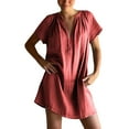 thumbnail image 1 of Deep V Neck Oversized Dress for Women Plus Size Cotton Linen Mini Dresses Loose Short Sleeve Summer Casual Dress Hot Pink, 2XL, 1 of 7