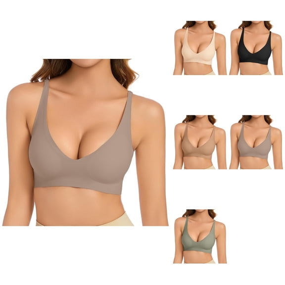 Deep V Neck Seamless Bra for Women, No Underwire Buttery Soft Wireless Bralette with Light Support and Light Padding