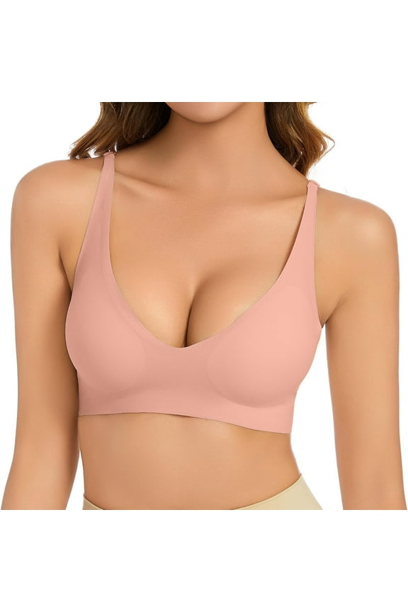 Deep V Neck Seamless Bra for Women, No Underwire Buttery Soft Wireless Bralette with Light Support and Light Padding